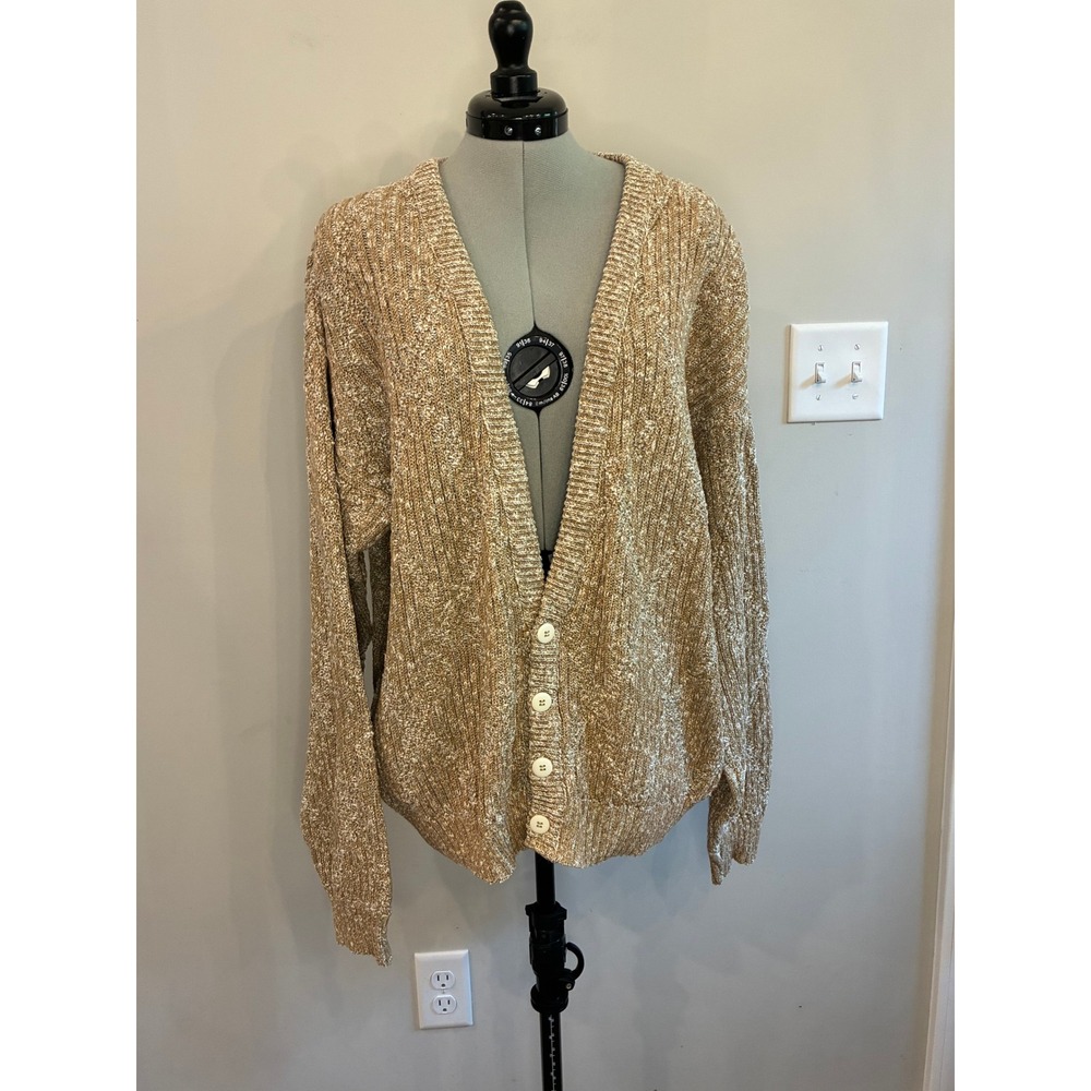 Vintage Christian Dior Tan Marled Ribbed Knit Cardigan Sweater Made in USA L